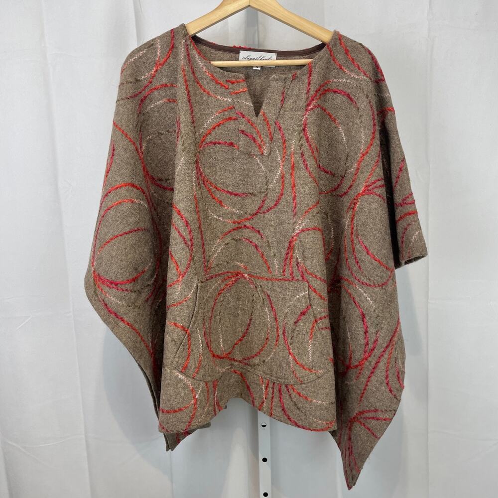 ABIGAIL HECHE Embroidered Pullover Poncho Top Art to Wear Brown USA Oversized S